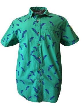 Plugg Mens Medium Camp Shirt Green with Blue Parrots Chest Pocket Short Sleeve